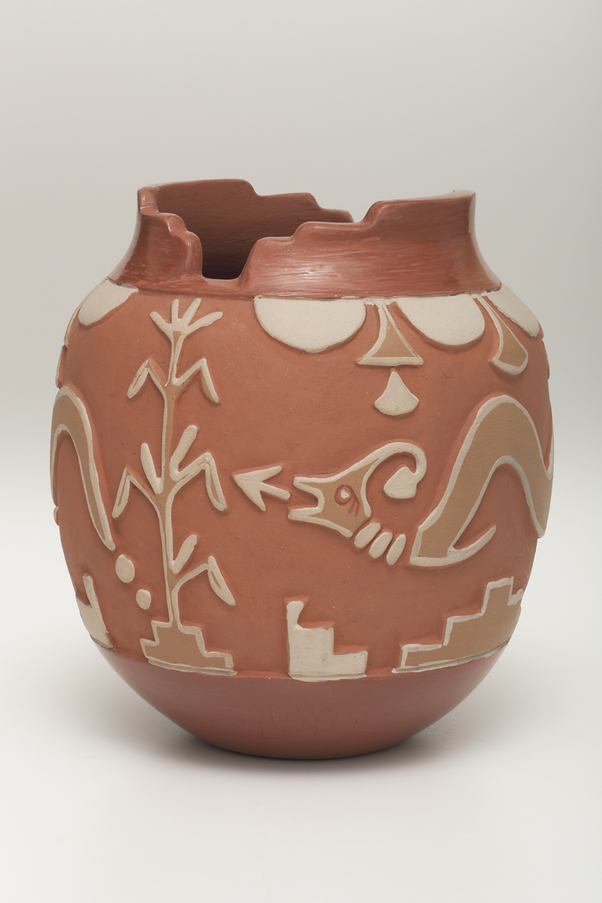 unrecorded Pueblo artist, pot with Avanyu design