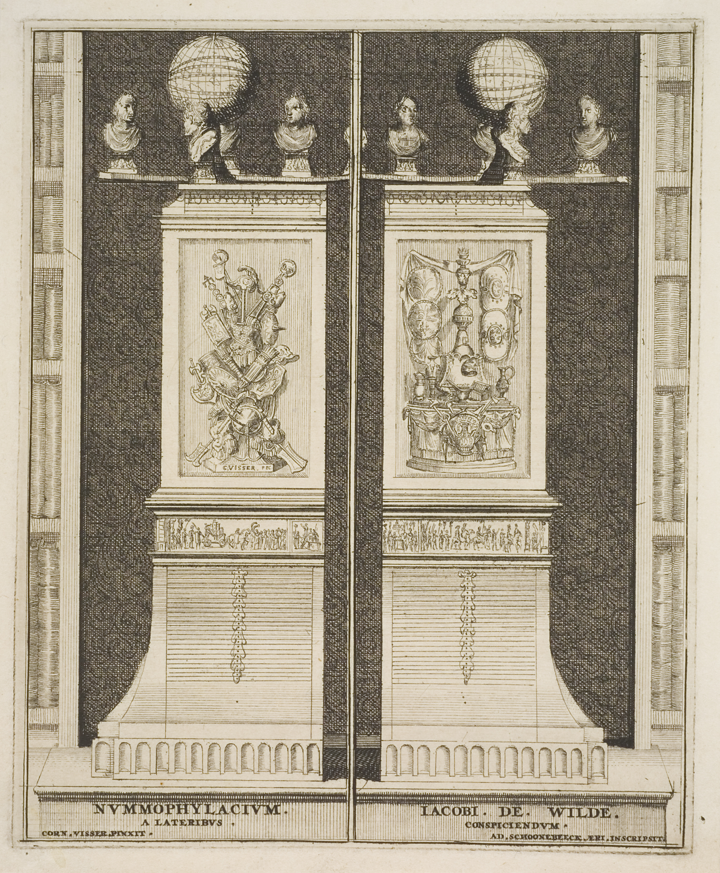 One of four illustrations to Het Medalie-Kabinet of Jacob de Wilde, Adriaan Schoonebeek; Cornelis Visscher