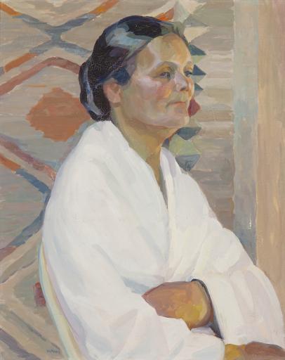 Half-Breed-Cherokee Indian and Irish woman, in white robe, Marion Peers