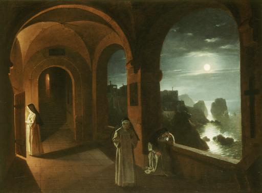 Franz Ludwig Catel (1778–1856), Nuns in the Certosa Cloister, overlooking a Moonlit Sea towards the Faraglioni, Capri