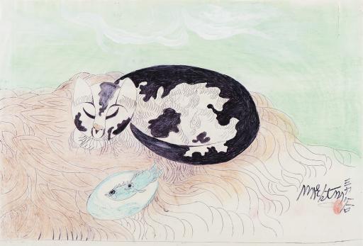 untitled (Sleeping Cat with two blue fish), Jimmy Tsutomu Mirikitani (1920–2012)