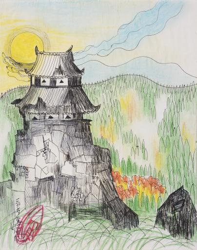 untitled drawing (Japanese Castle), Jimmy Tsutomu Mirikitani (1920–2012)