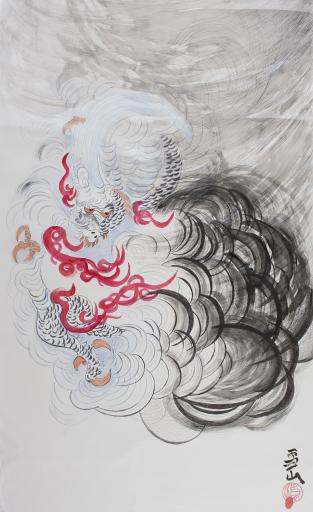 untitled (white dragon with claws and flames), Jimmy Tsutomu Mirikitani (1920–2012)