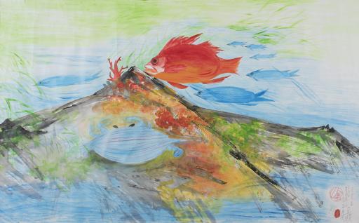 untitled (blue crab and fish in Seto Inland Sea), Jimmy Tsutomu Mirikitani (1920–2012)