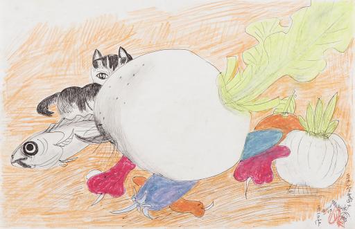 untitled (hiding cat and Japanese daikon), Jimmy Tsutomu Mirikitani (1920–2012)