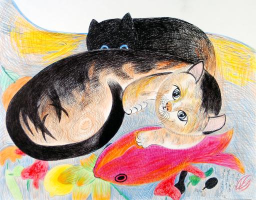 untitled (two cats with red snapper) , Jimmy Tsutomu Mirikitani