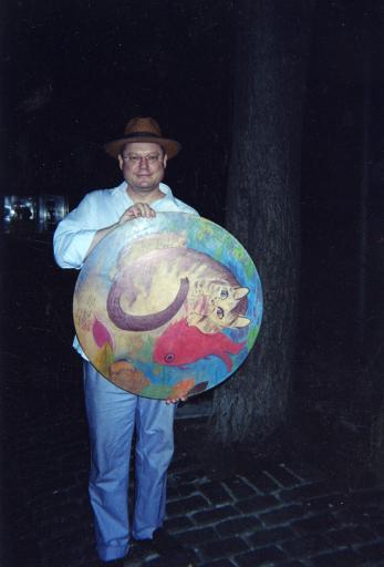 Mirikitani with round table cat and Robert A.B. Sawyer, Charlotte Sawyer