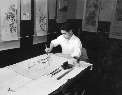 Sumi-e artist demonstrating his craft (young Mirikitani), unknown maker