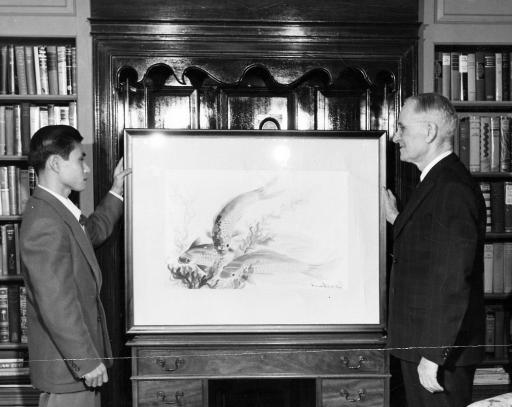 Mirikitani presenting koi painting to Charles F. Seabrook, founder of Seabrook Farms, unknown maker